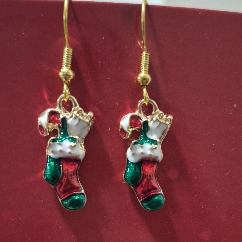 ♡♡♡ Christmas Stocking Candy Cane Dangle Earrings | Festive Enamel Gold Tone